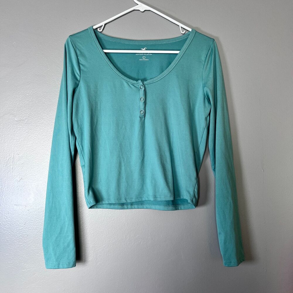 Hollister Juniors Long Sleeve Crop Top Henley Shirt Teal Blue Size Large